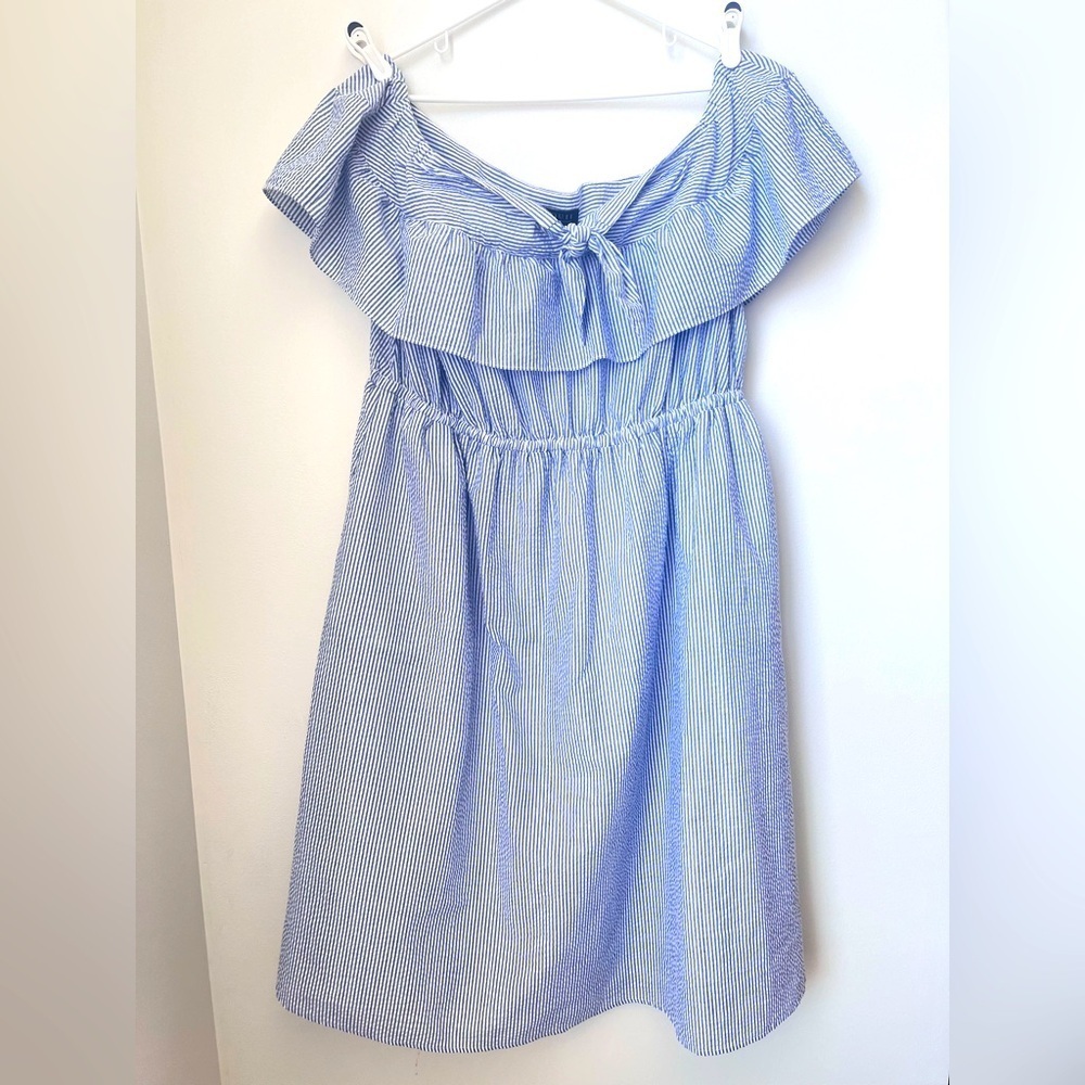 Eloquii Off the Shoulder Seersucker Dress Women's 18 Ruffle Overlay Blue White